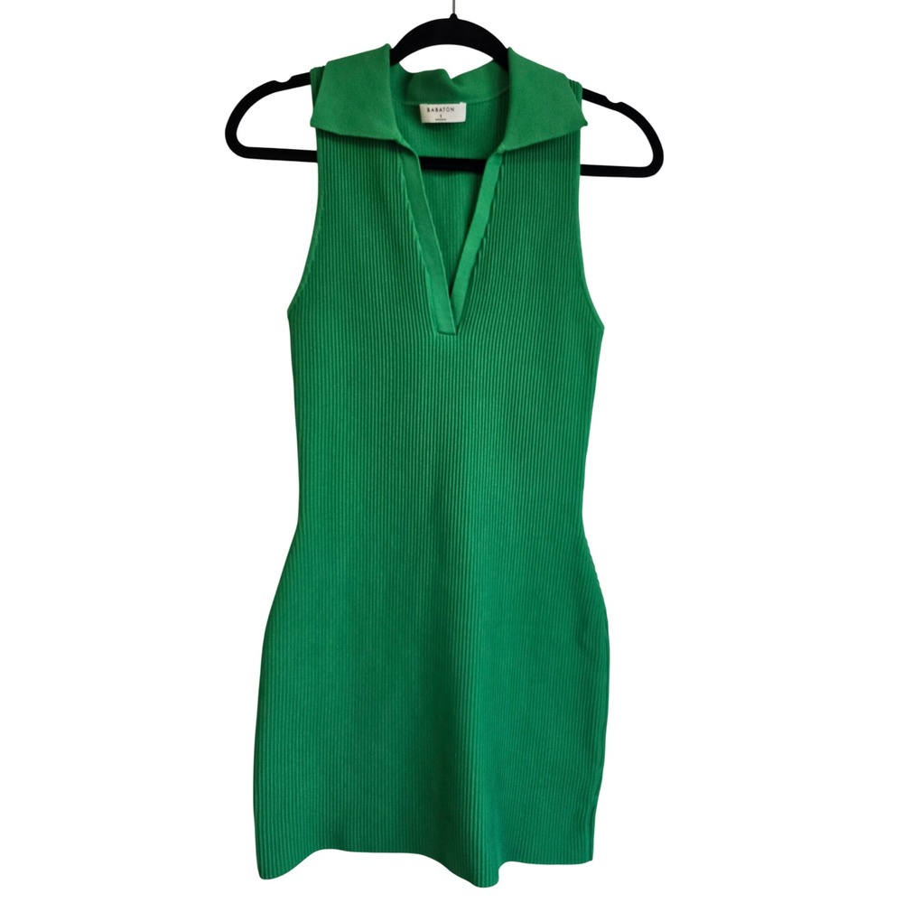 🆕️ NWOT Babaton Sculpt Knit Polo Mini Dress Green Sleeveless Ribbed V-Neck S
